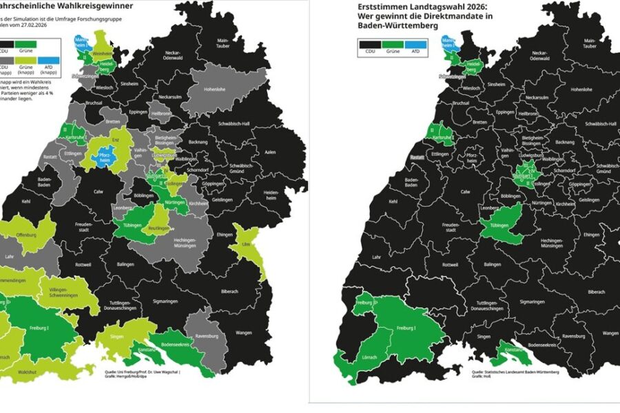 Zwei Karten von Baden-Württemberg mit Wahlkreis-Gewinnern; farblich kodiert.