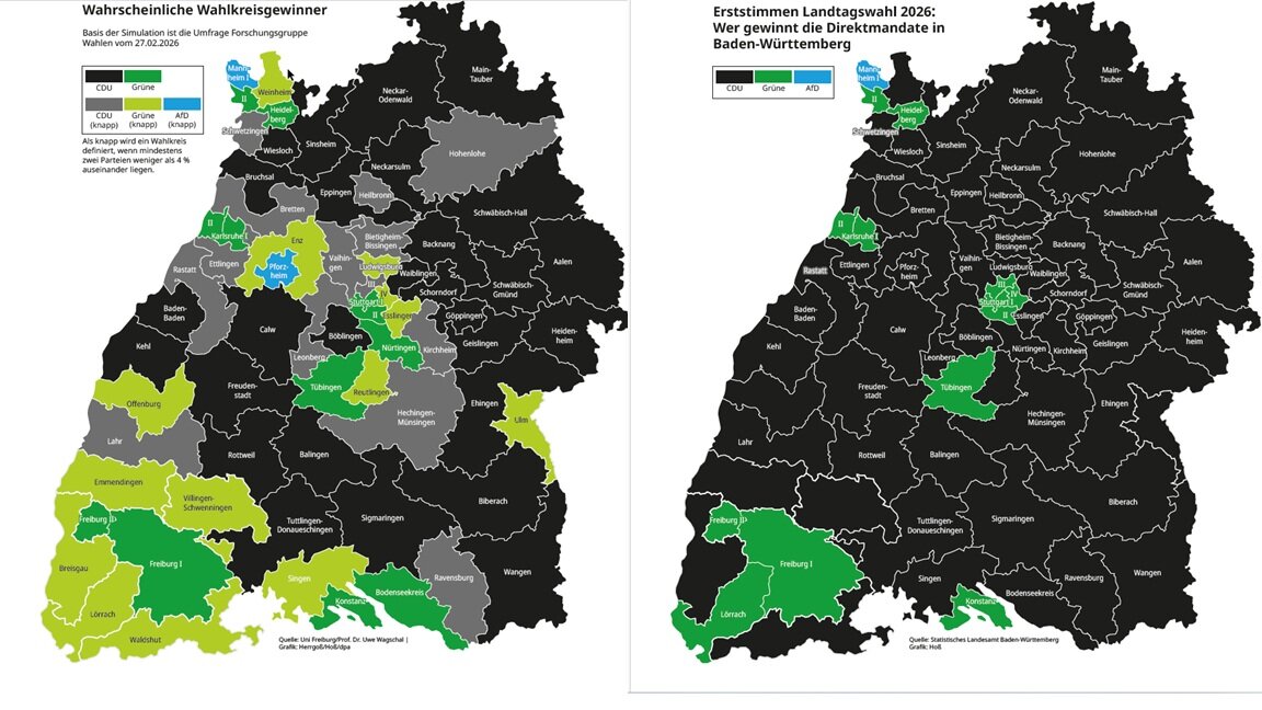 Zwei Karten von Baden-Württemberg mit Wahlkreis-Gewinnern; farblich kodiert.