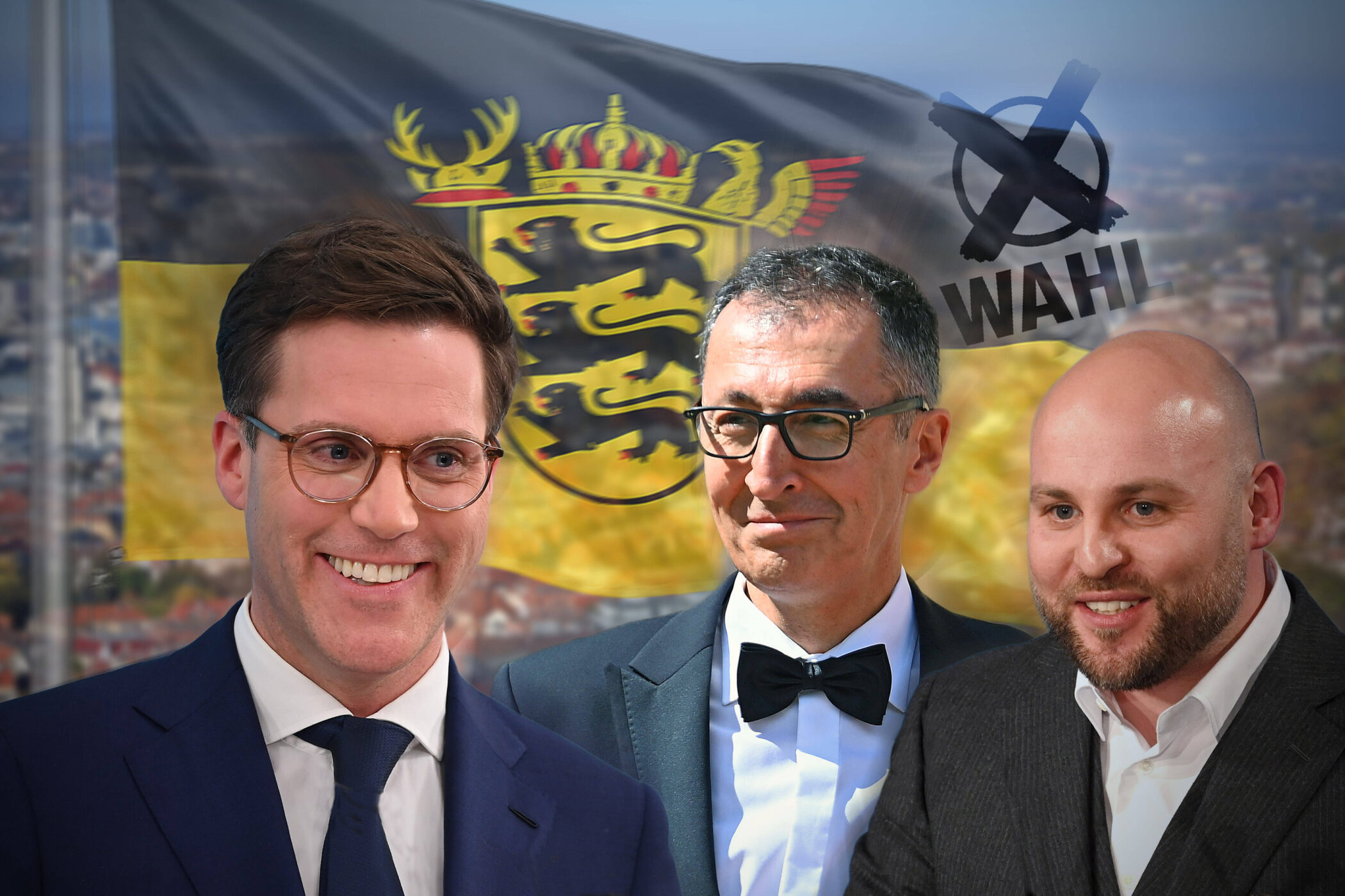 Drei Männer vor einer wehenden baden-württembergischen Flagge und einem "Wahl"-Text.