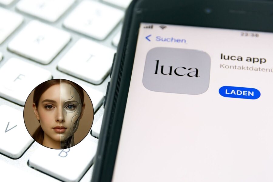 Smartphone zeigt die luca App; daneben ein Gesichtsbild zur Hälfte Mensch, zur Hälfte Maschine.