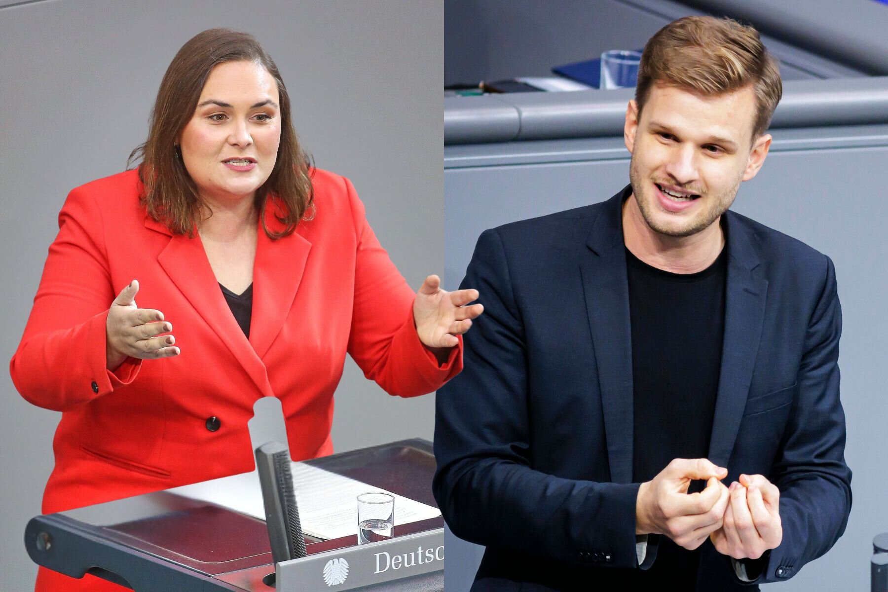 Zwei Personen reden, eine im roten Blazer, eine im schwarzen Sakko.