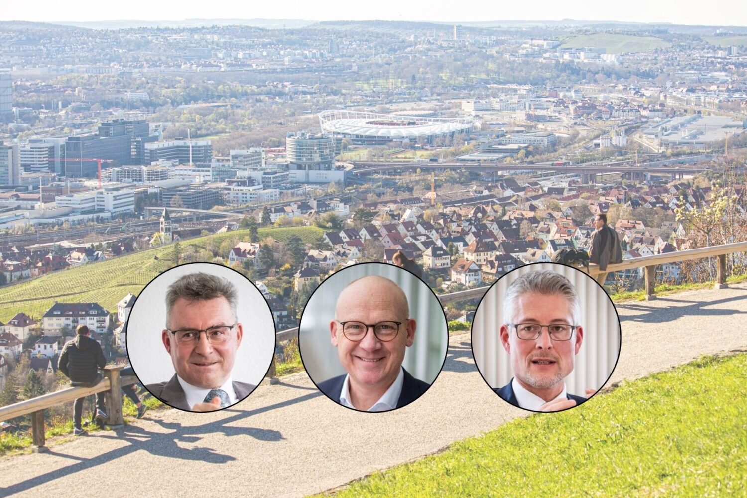 Stadtansicht mit zwei Spaziergängern, drei Porträts überlagern das Bild.