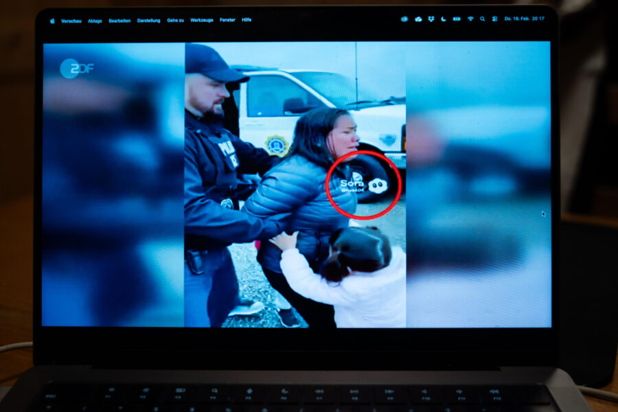 Drei Personen, eine wird von Polizei festgehalten, daneben ein Kind.