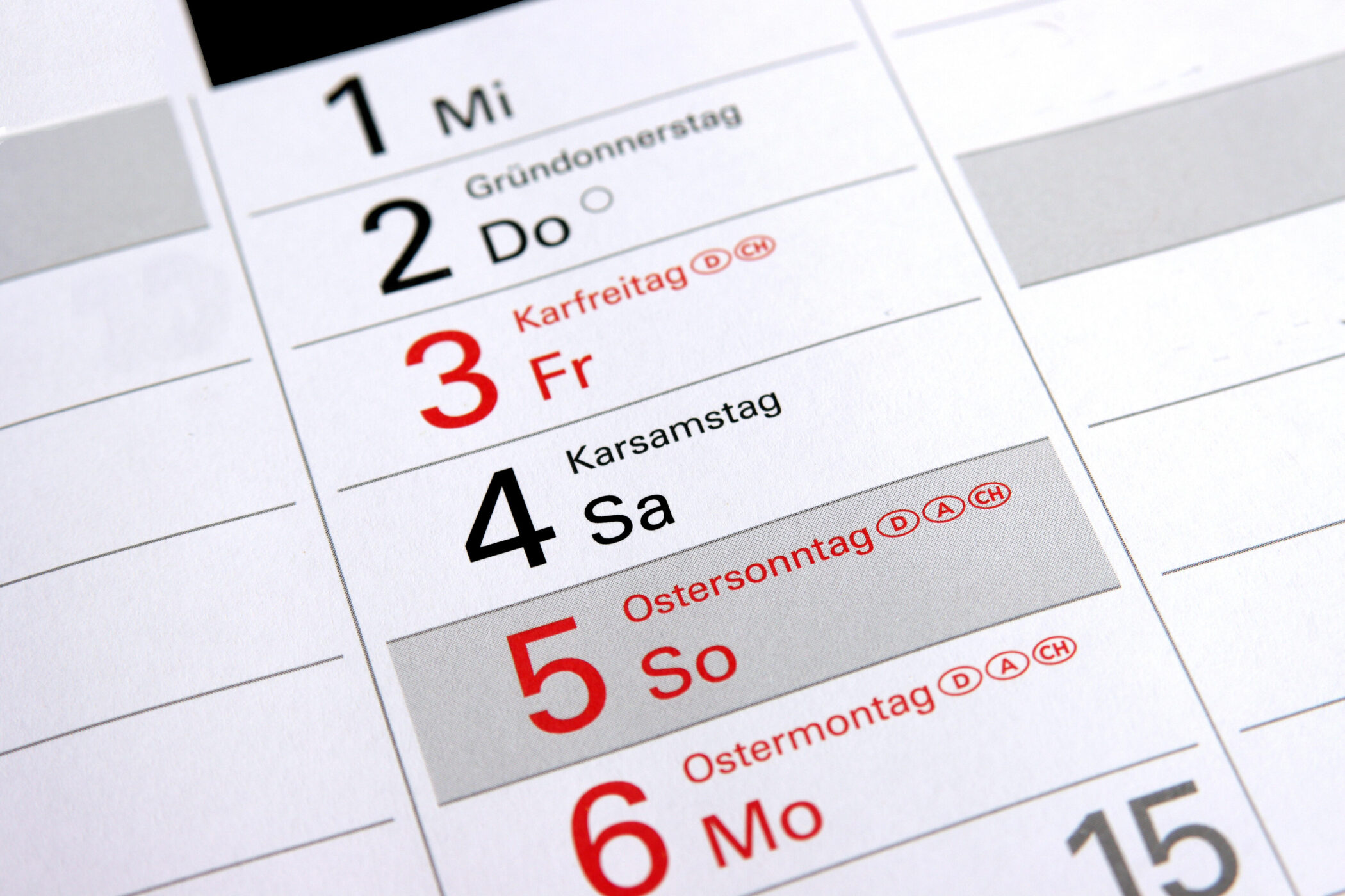 Kalenderausschnitt mit Feiertagen von Mittwoch bis Montag.