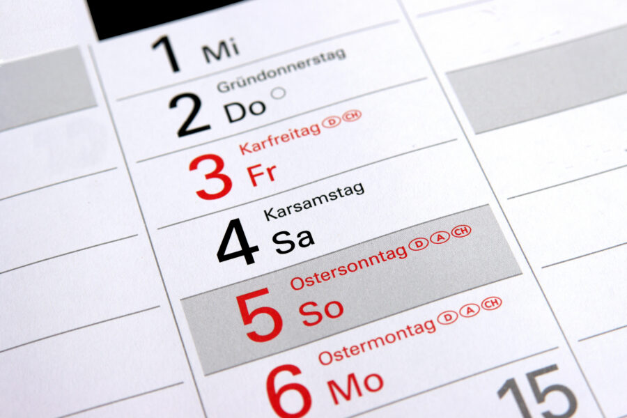 Kalenderausschnitt mit Feiertagen von Mittwoch bis Montag.