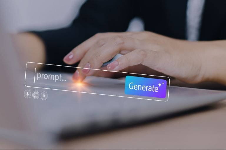 Hände tippen auf Laptop-Tastatur, Eingabefeld mit "prompt", Button "Generate".
