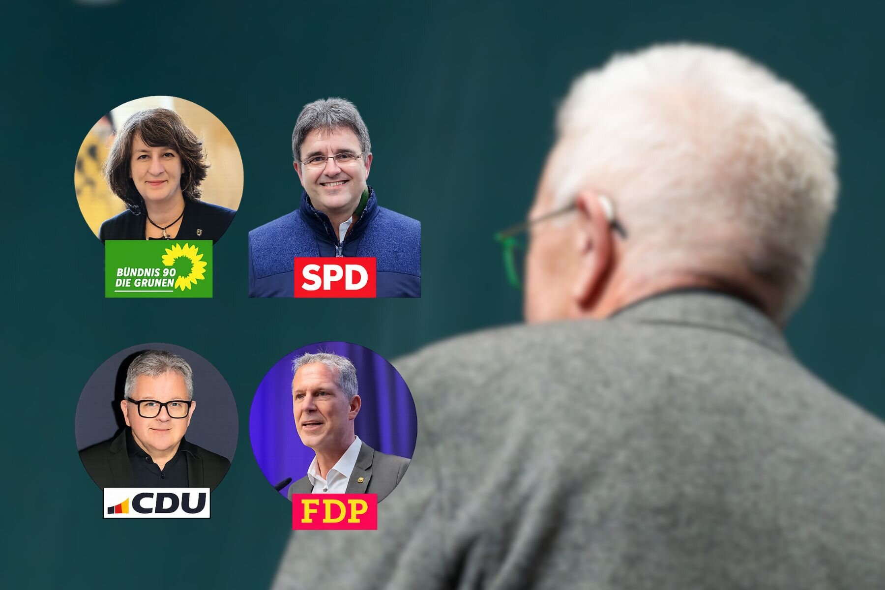 Person von hinten; vier Fotos mit Parteilogos: Grüne, SPD, CDU, FDP.