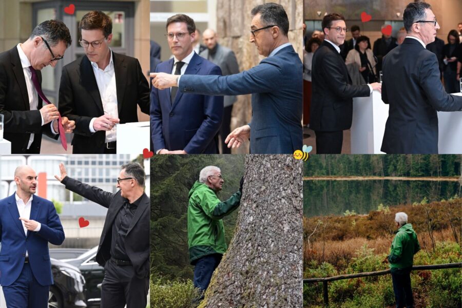 Sechs Bilder von Menschen in Anzügen, Wald und einem See in der Natur.