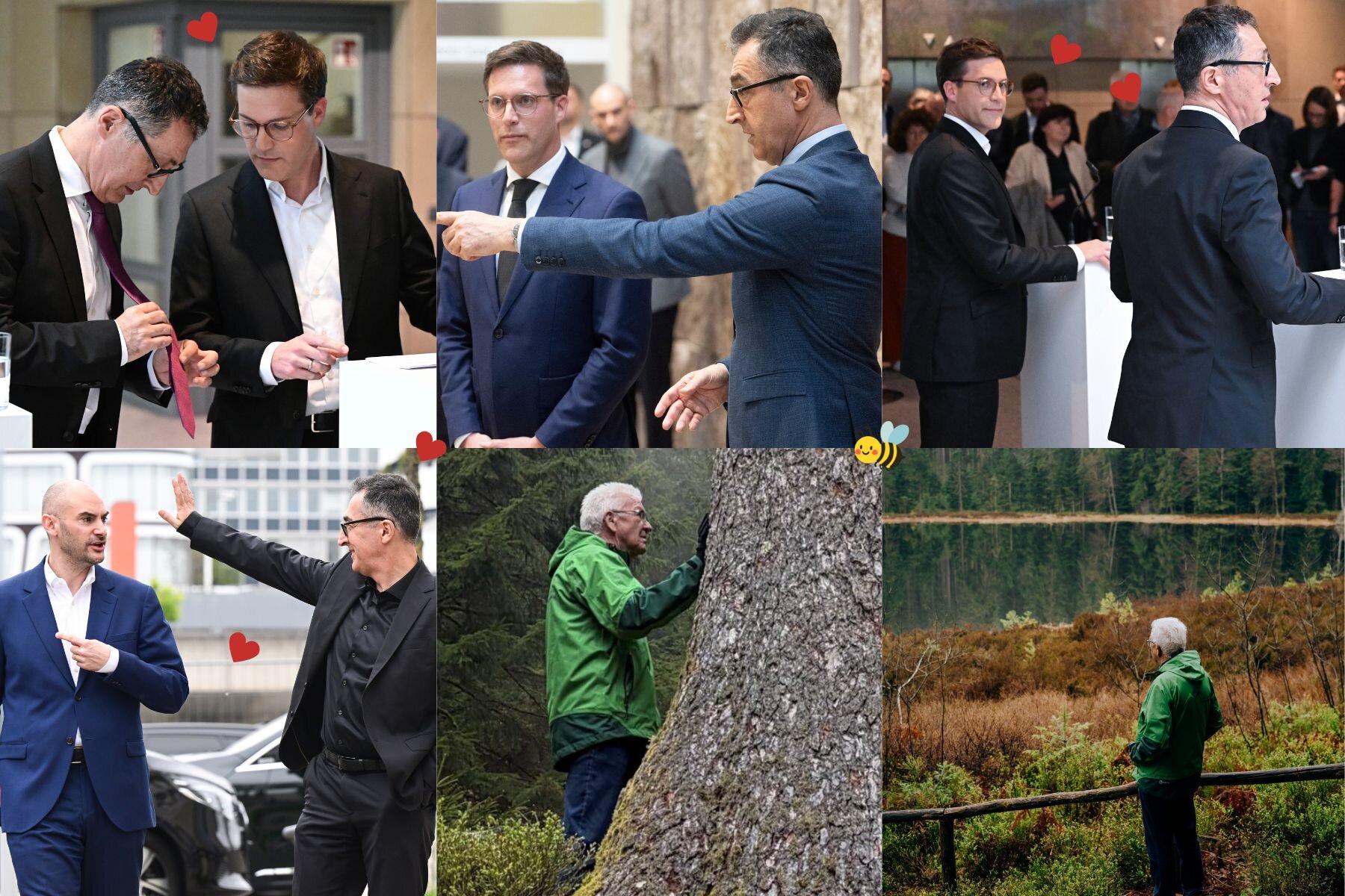 Sechs Bilder von Menschen in Anzügen, Wald und einem See in der Natur.