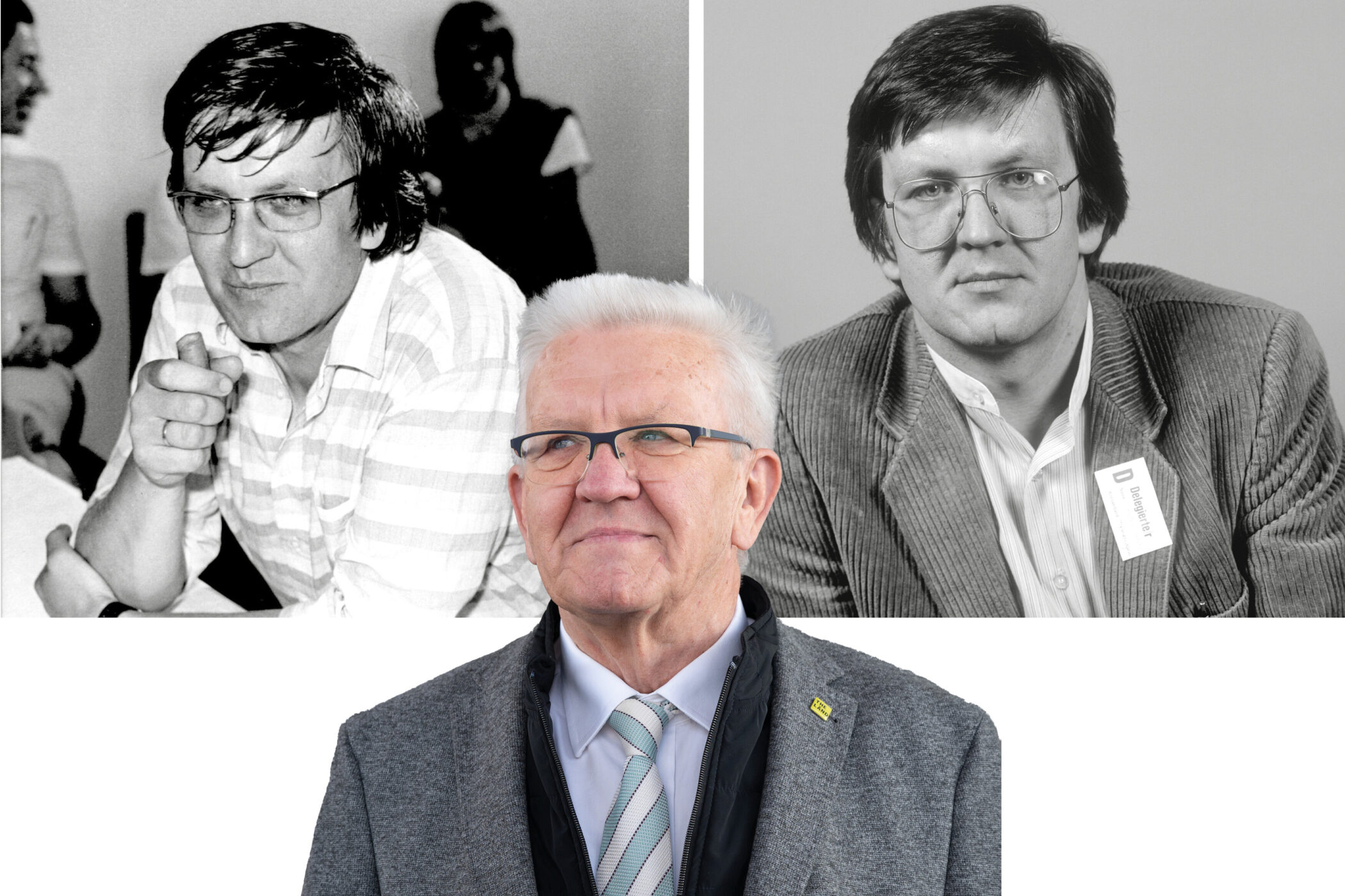 Drei Männerporträts; zwei schwarz-weiß, eins farbig mit grauem Haar und Brille.