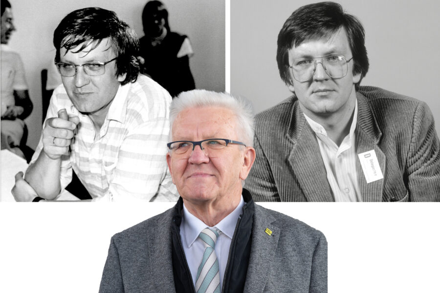 Drei Männerporträts; zwei schwarz-weiß, eins farbig mit grauem Haar und Brille.