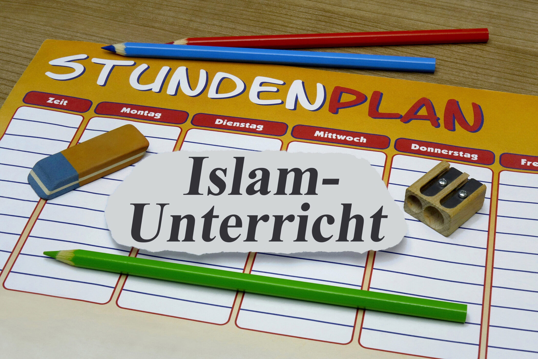 Stundenplan, Text "Islam-Unterricht", Bleistifte, Radiergummi, Spitzer.