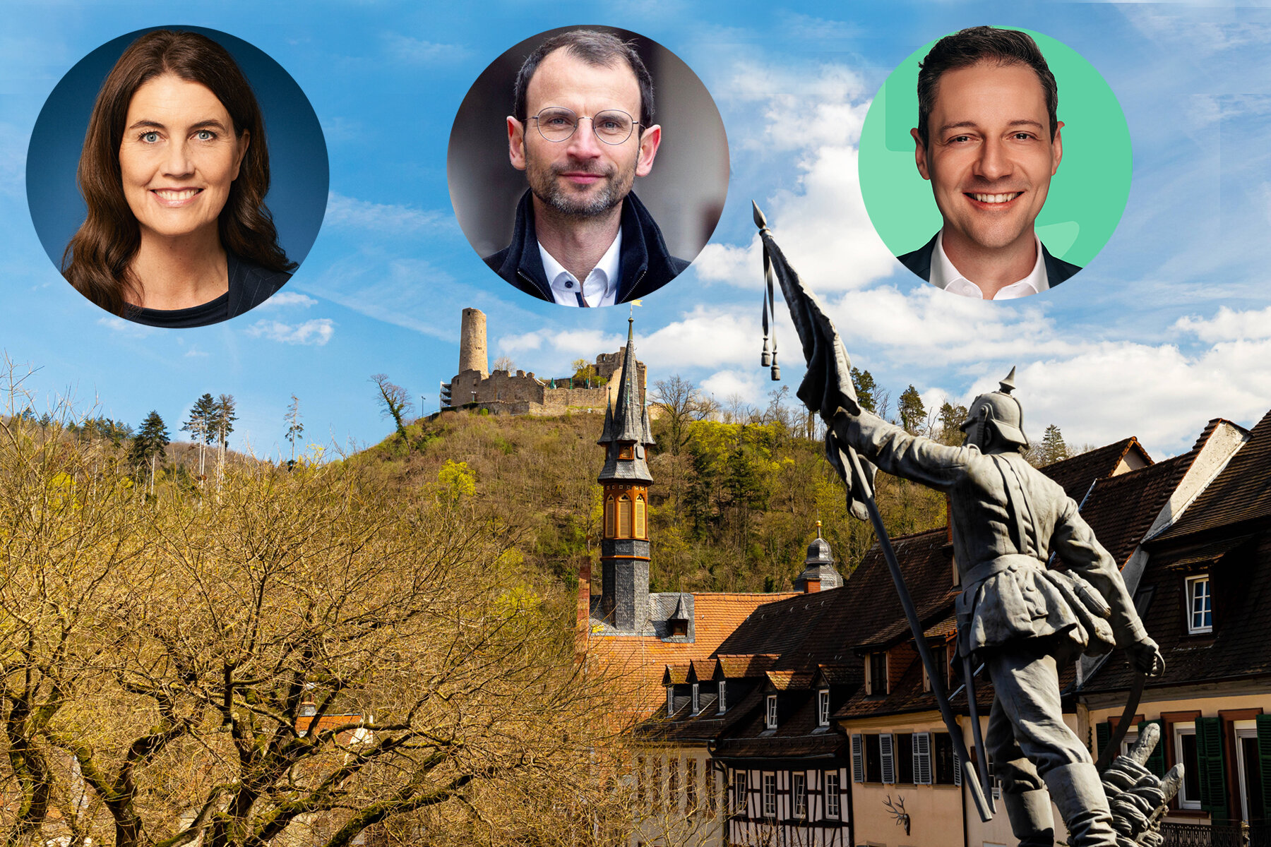 Drei Porträts vor blauem Himmel; im Hintergrund eine Burg und eine Statue.