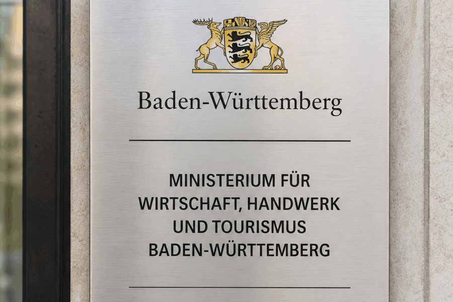 Metallschild Ministerium für Wirtschaft, Handwerk und Tourismus Baden-Württemberg.
