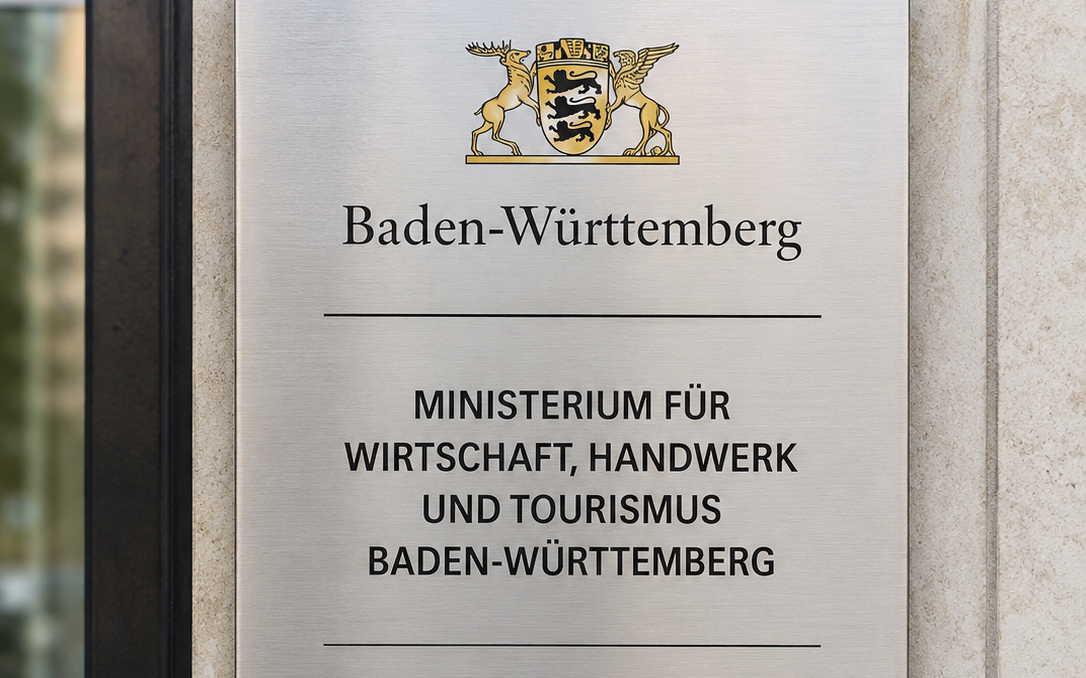 Schild mit Landeswappen: "Baden-Württemberg, Ministerium für Wirtschaft, Handwerk und Tourismus".