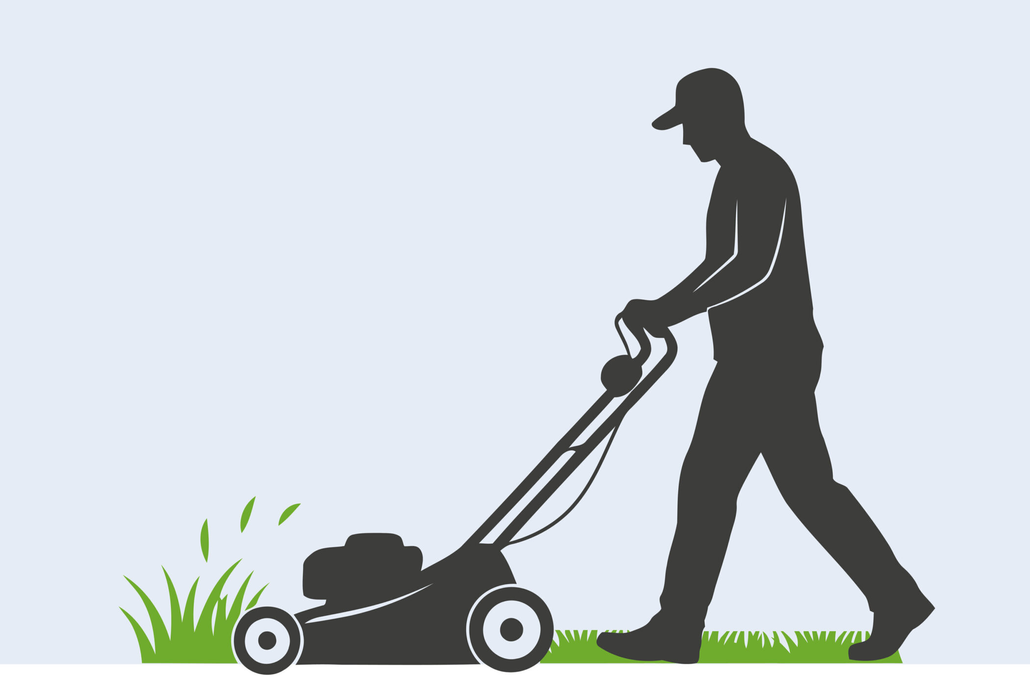 Person schiebt Rasenmäher über Gras.