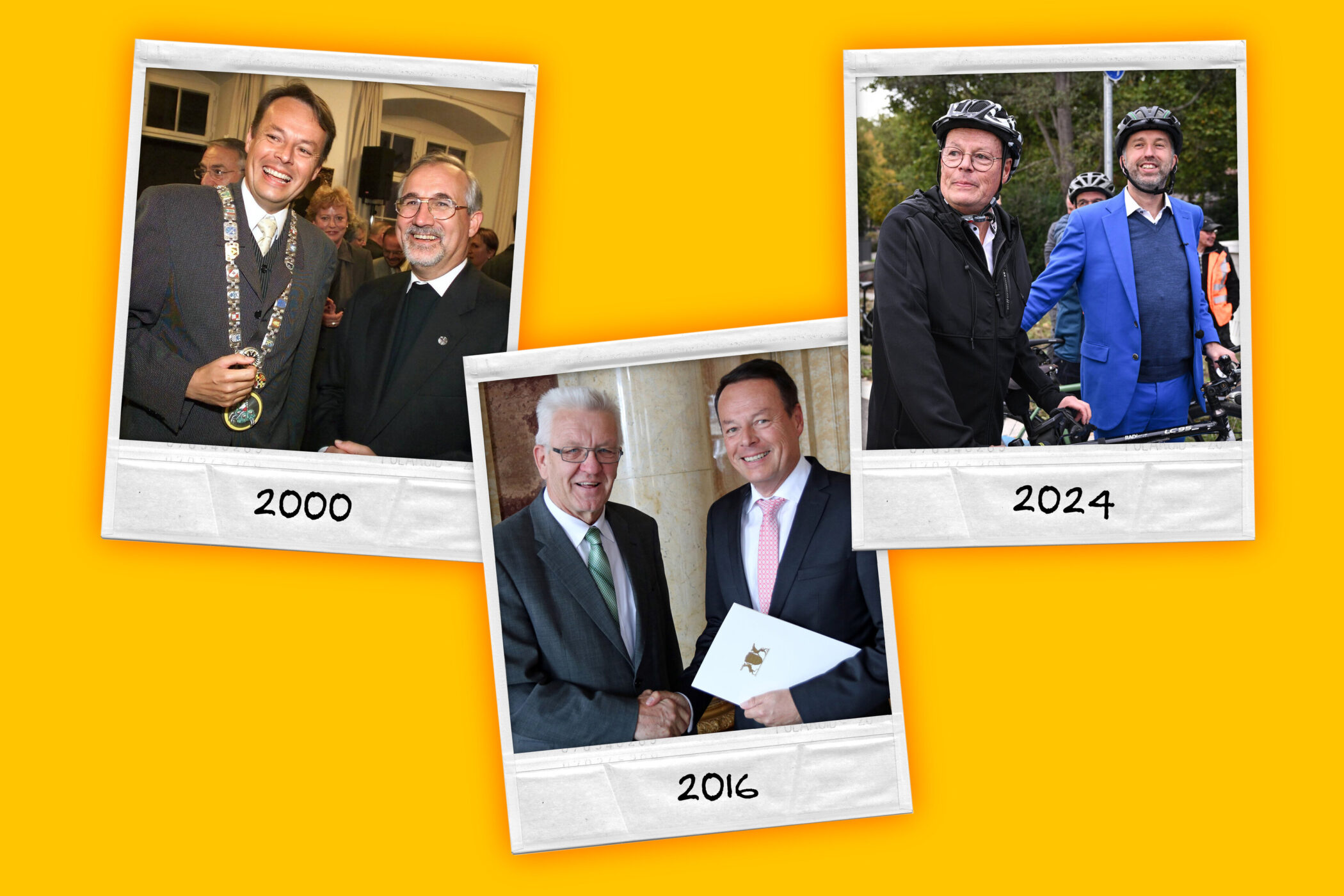 Drei Fotos von Männern in verschiedenen Jahren: 2000, 2016 und 2024.