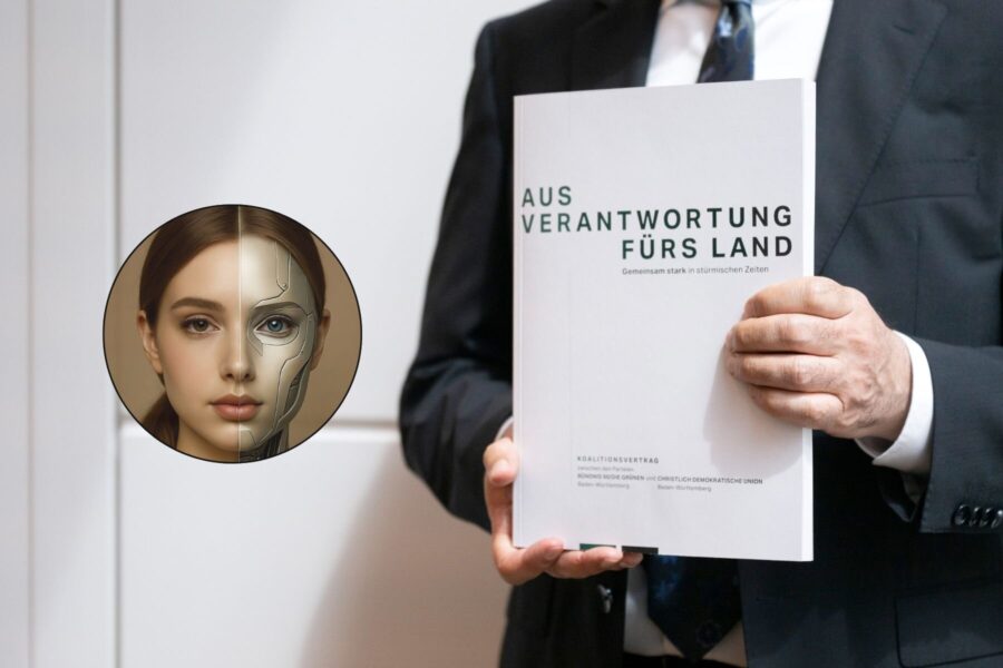 Mann in Anzug hält Buch mit Titel "Aus Verantwortung fürs Land". Gesicht teils mechanisch.