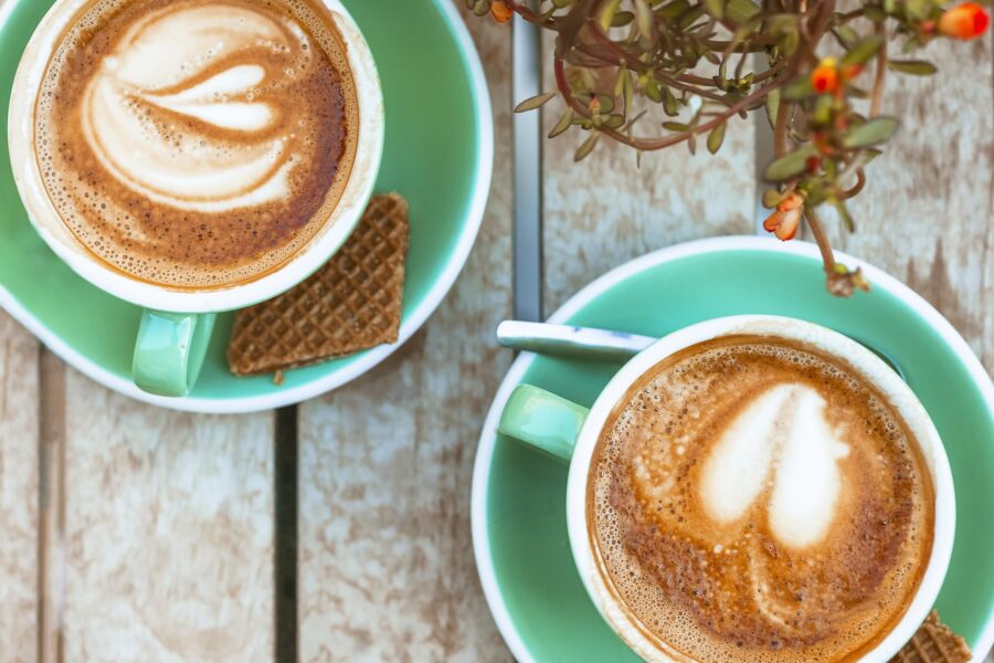 Zwei Cappuccinos in grünen Tassen, Waffeln auf der Untertasse, Pflanze im Hintergrund.