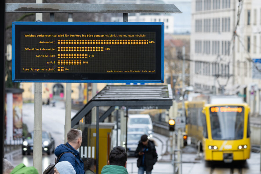 Anzeigetafel mit Umfrage zu Verkehrsmitteln, Straßenbahn im Hintergrund, drei Personen.