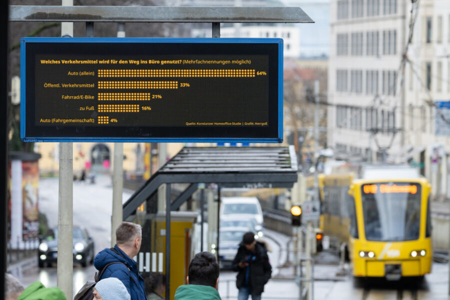 Anzeigetafel gibt Befragung zu Verkehrsmitteln an, Tram und Menschen im Hintergrund.
