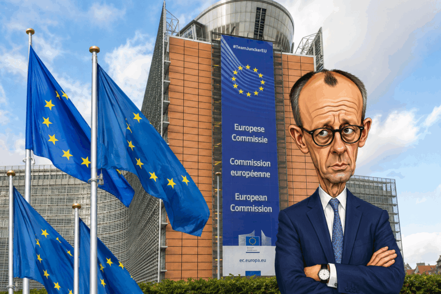 EU-Flaggen vor Gebäude mit „Europäische Kommission“-Banner und karikierte Person.