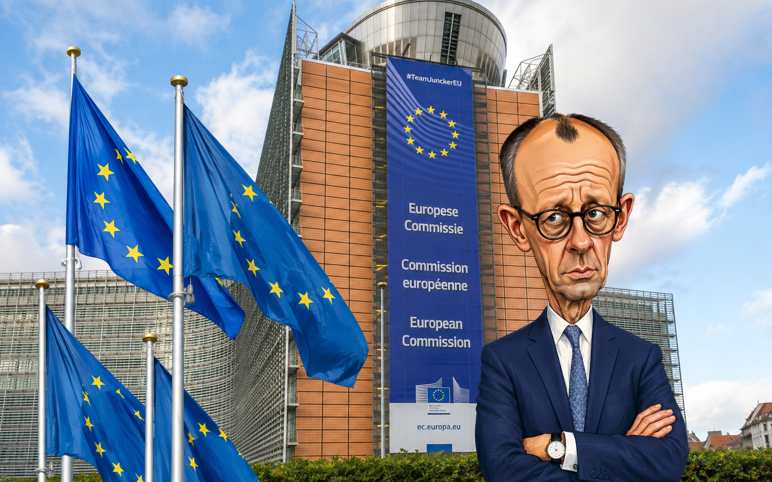 EU-Flaggen vor Gebäude mit „Europäische Kommission“-Banner und karikierte Person.