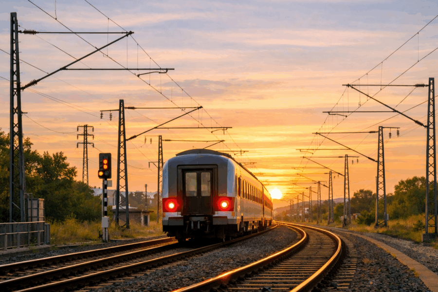 Zug auf Gleisen bei Sonnenuntergang, umgeben von Stromleitungen und Bäumen.