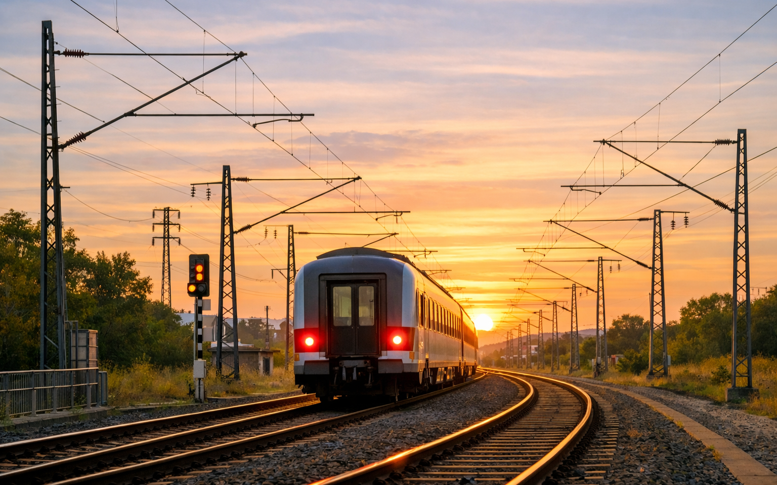Zug auf Gleisen bei Sonnenuntergang, umgeben von Stromleitungen und Bäumen.