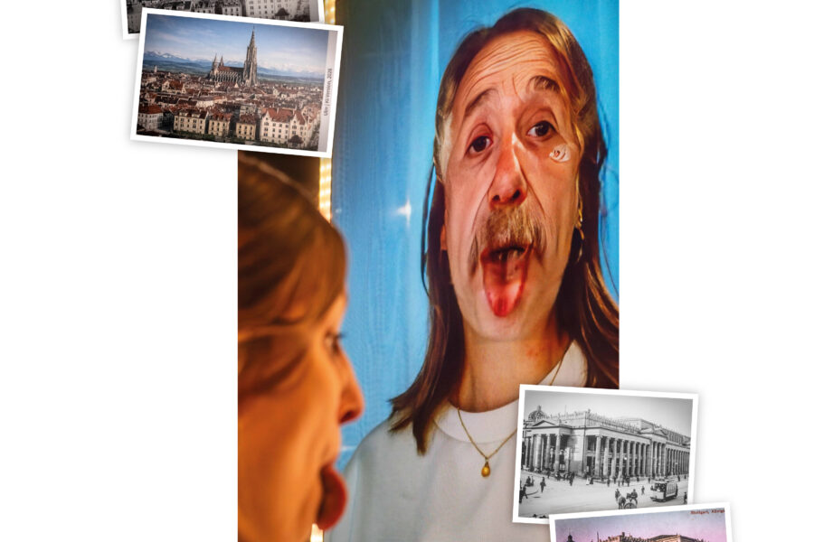 Person zeigt Zunge zu einem Bildschirm mit digitalem Gesicht. Fotos von Städten umrahmen das Bild.