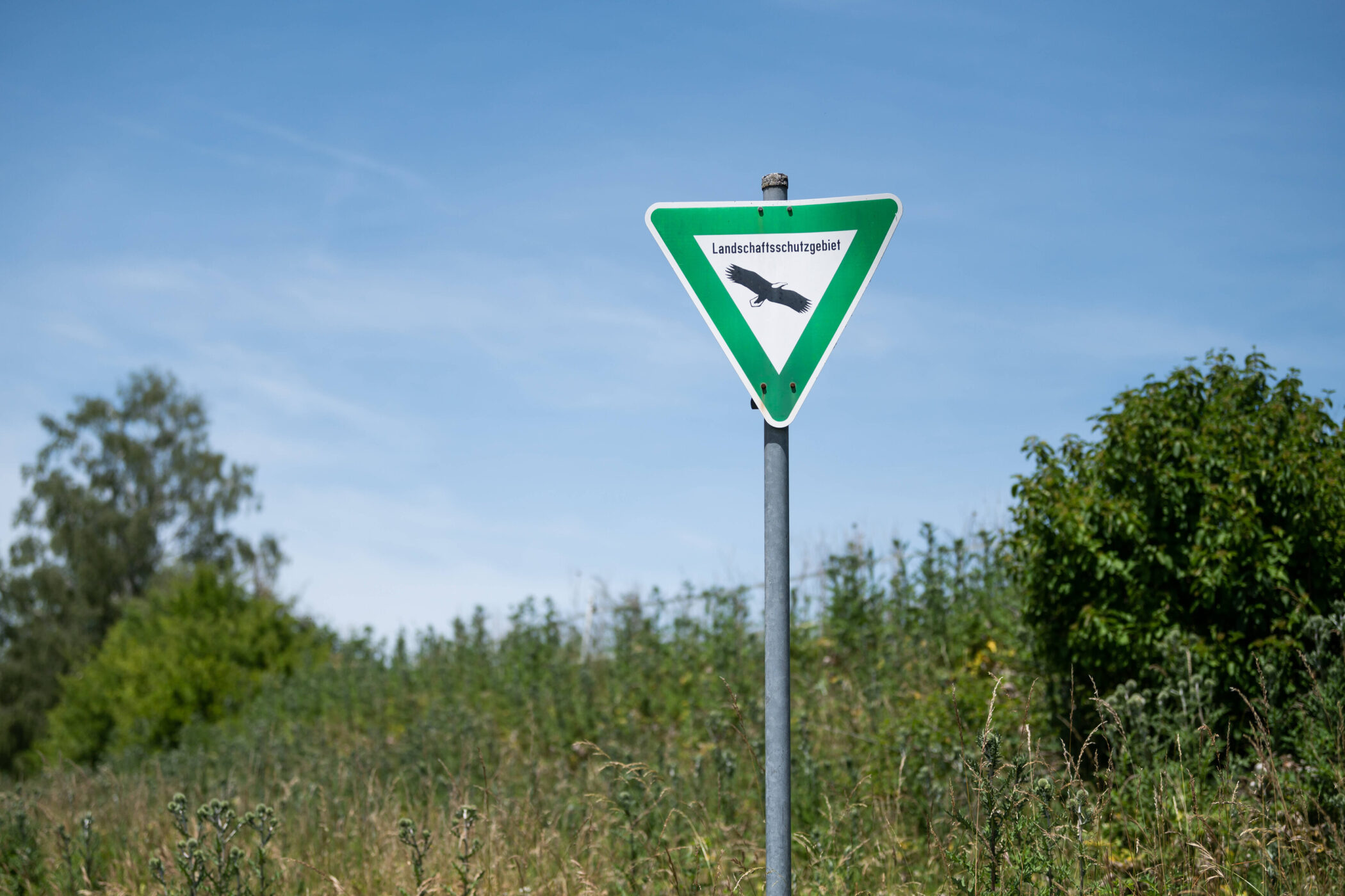 Schild mit Text "Landschaftsschutzgebiet", daneben Bäume und blauer Himmel.