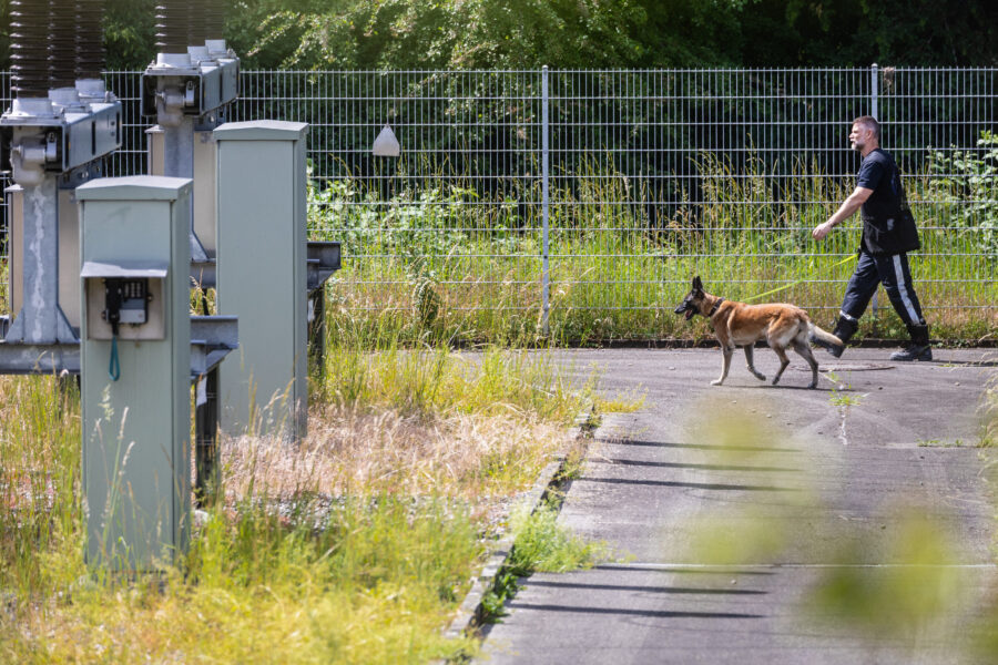 Mann führt Hund auf Betonweg, hinter Metallzaun und Stromanlagen.