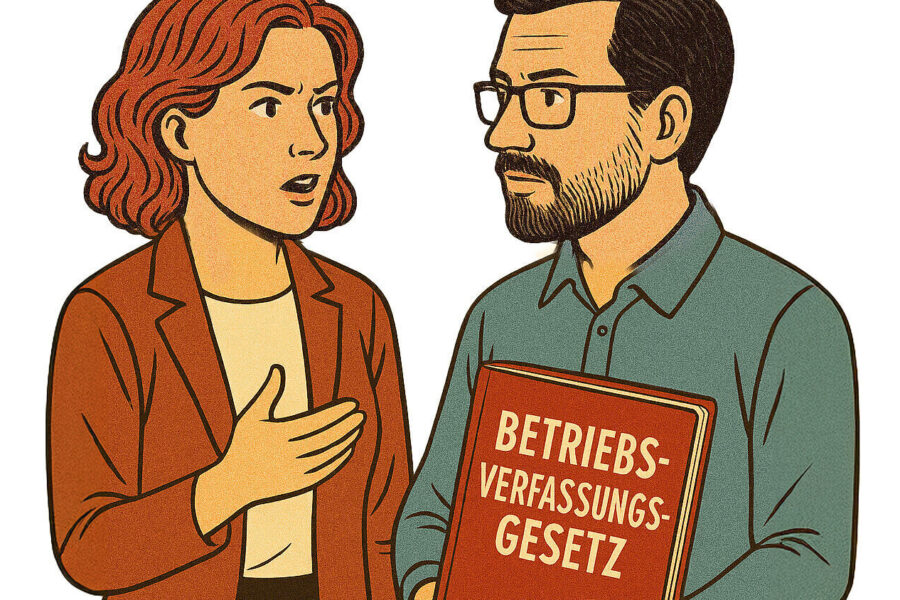 Zwei Personen sprechen; eine hält ein Buch mit "Betriebsverfassungsgesetz".