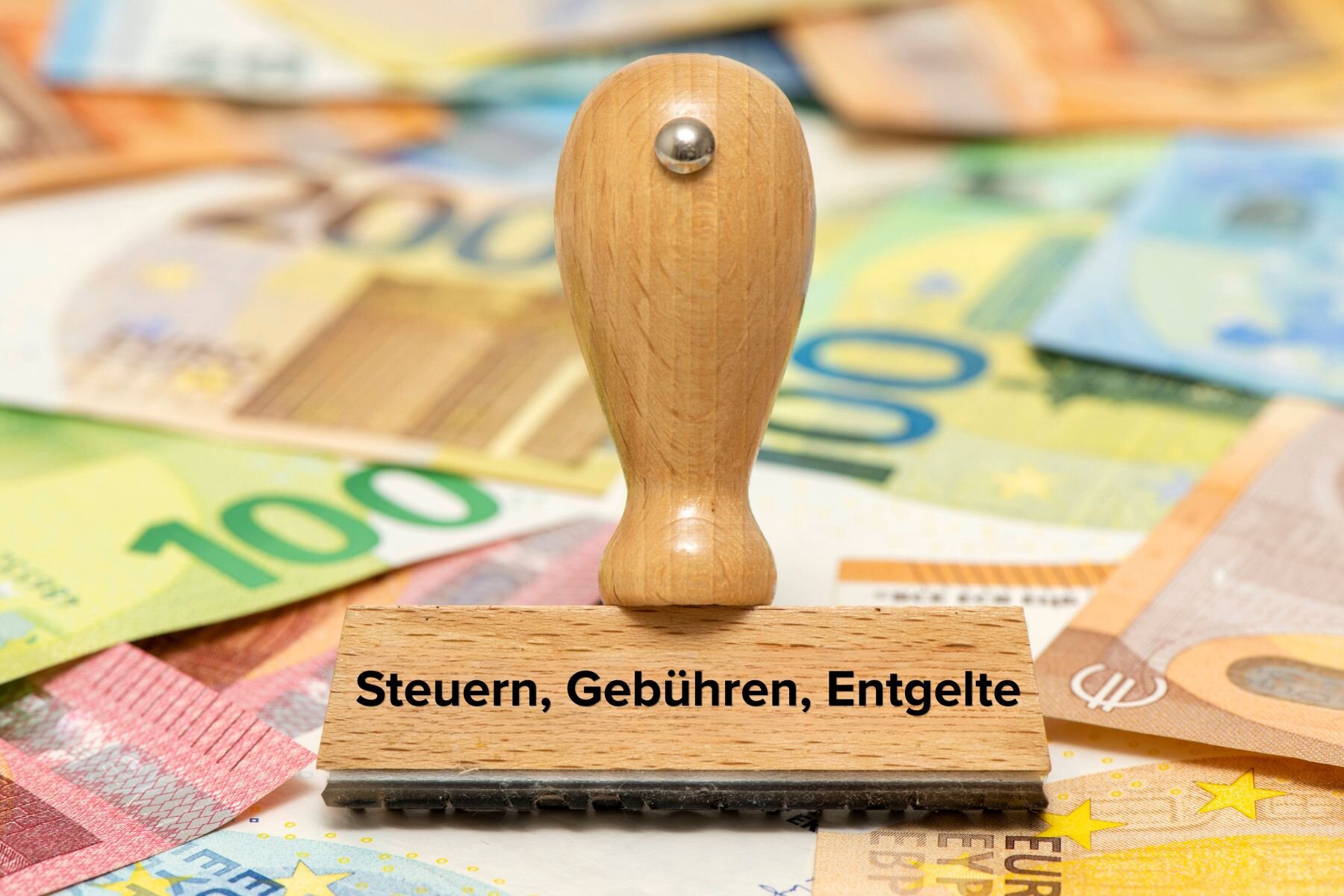 Holzstempel mit Aufschrift „Steuern, Gebühren, Entgelte“ auf Euro-Geldscheinen.