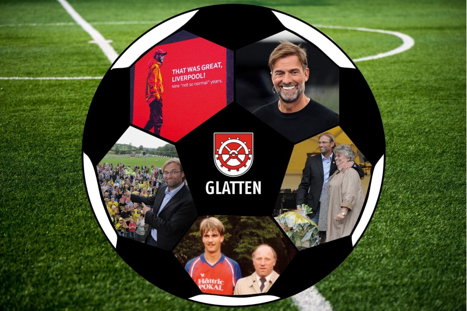 Fußballgrafik mit Bildern, Text "That was great, Liverpool!" und Text "GLATTEN".