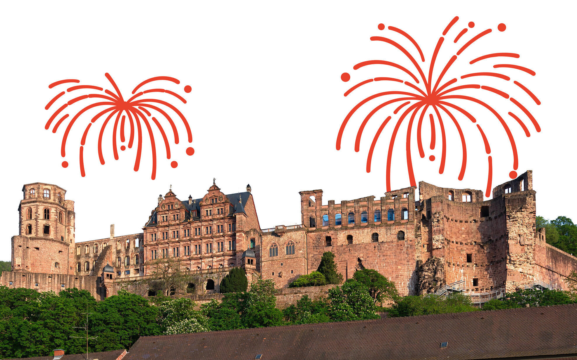 Burg mit rotem Feuerwerk im Hintergrund, grüne Vegetation im Vordergrund.