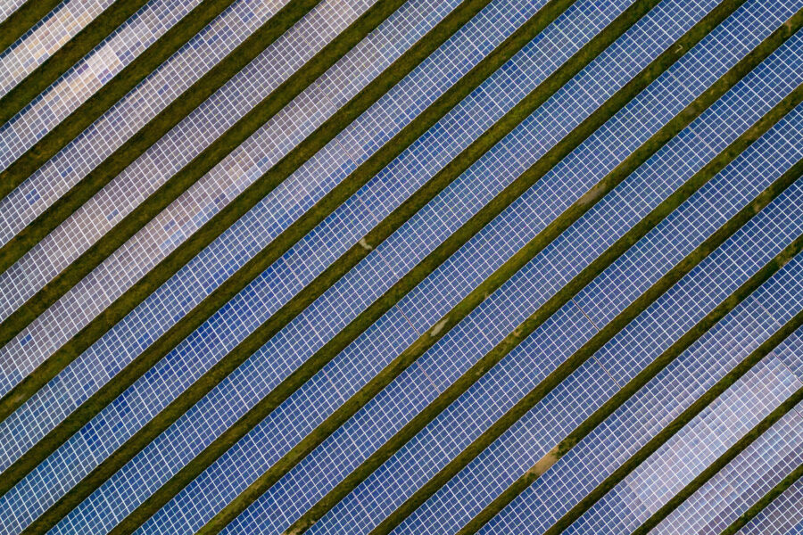 Schräg verlaufende Reihen von Solarpanels und grüner Vegetation.