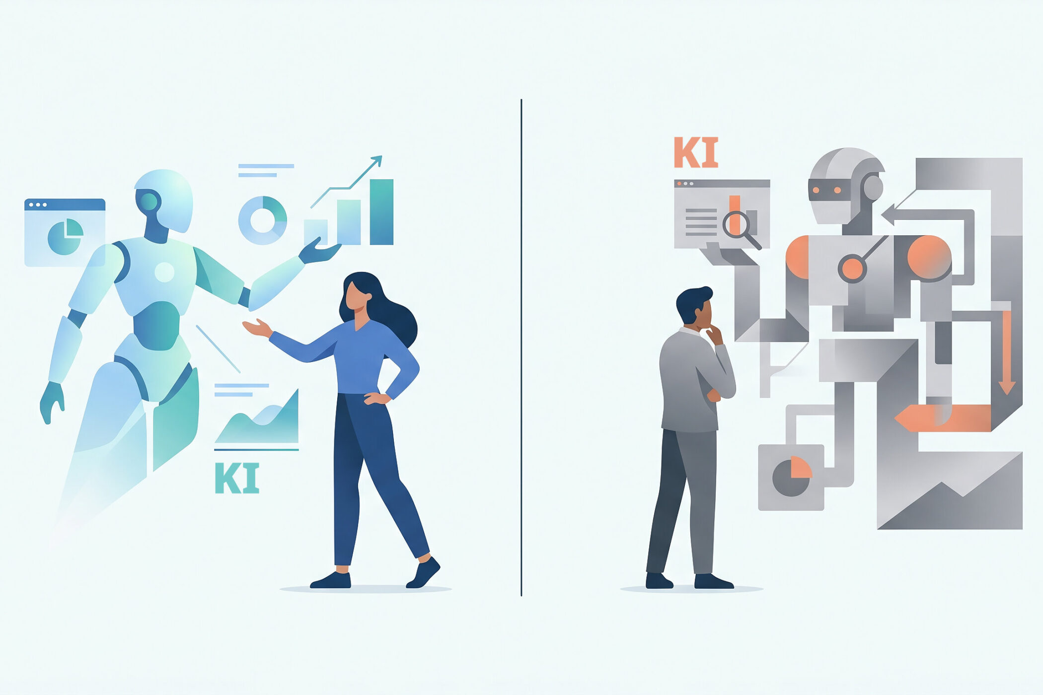 Links KI-Roboter mit Frau, rechts KI-Roboter mit Mann, Diagramme im Hintergrund.