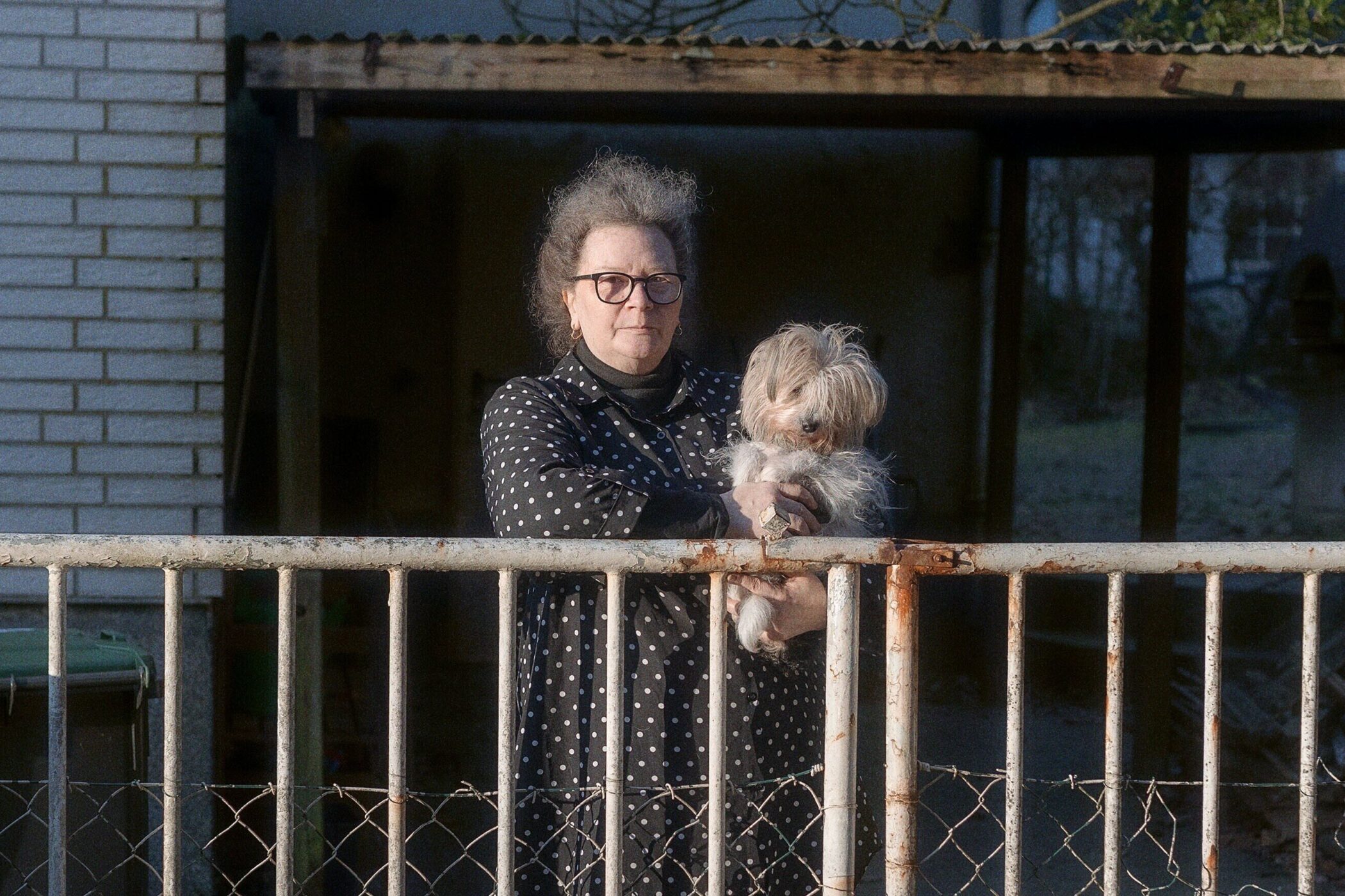 Person mit Hund hinter einem Metallzaun, Ziegelwand im Hintergrund.