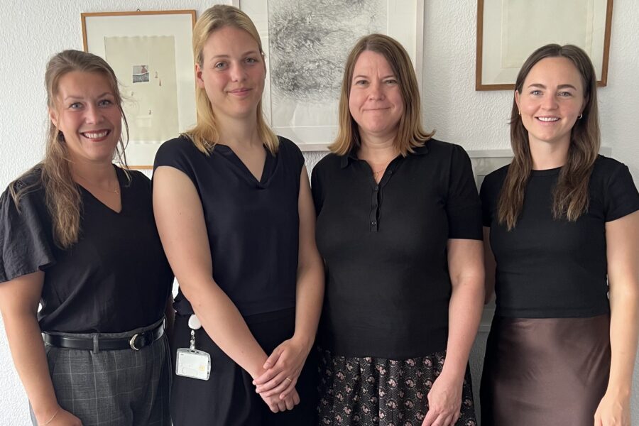 Vier Frauen stehen nebeneinander vor einer Wand mit drei Bildern.