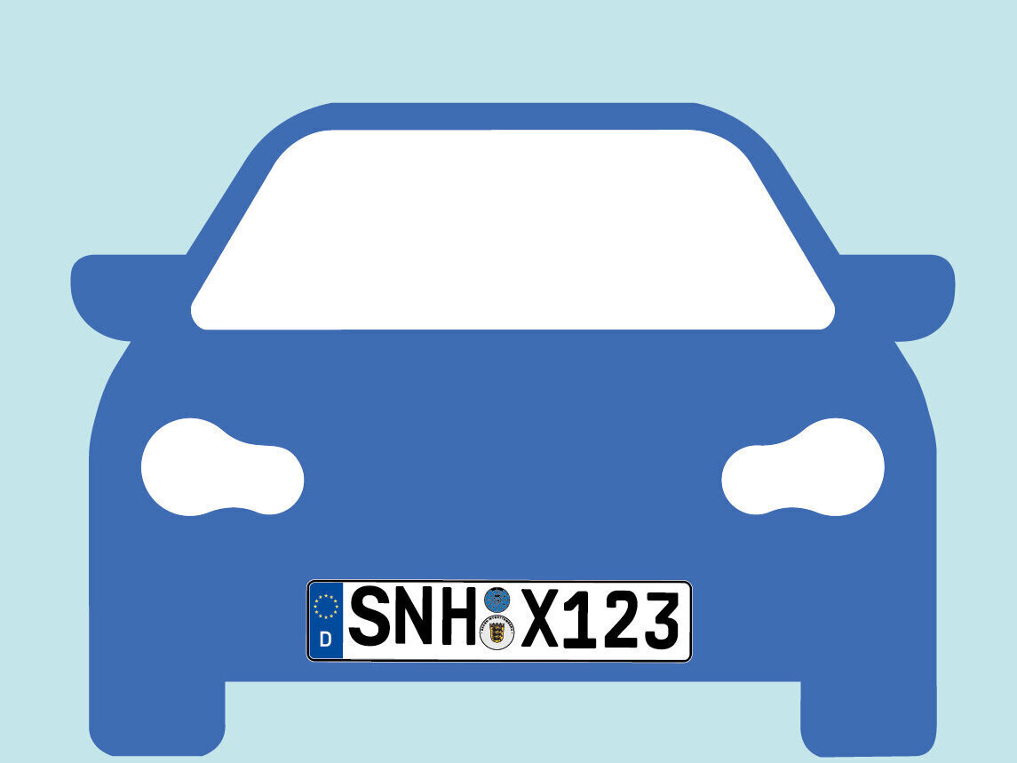 Blaues Autosymbol auf hellblauem Hintergrund, Kennzeichen SNH X123.