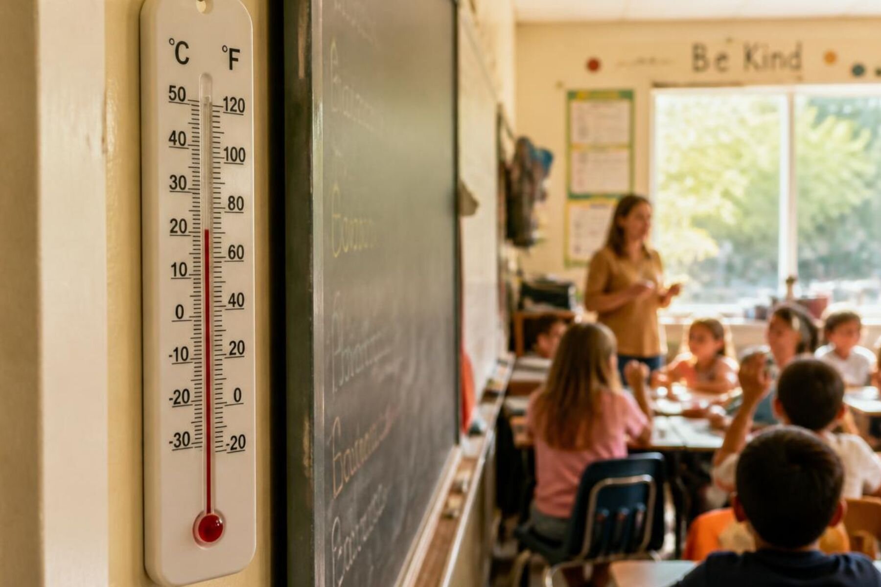 Thermometer an Tafel, Gruppe von Kindern und ein Erwachsener im Klassenzimmer.