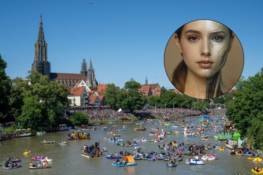 Menschen auf bunten Booten auf einem Fluss, große Kirche im Hintergrund.
