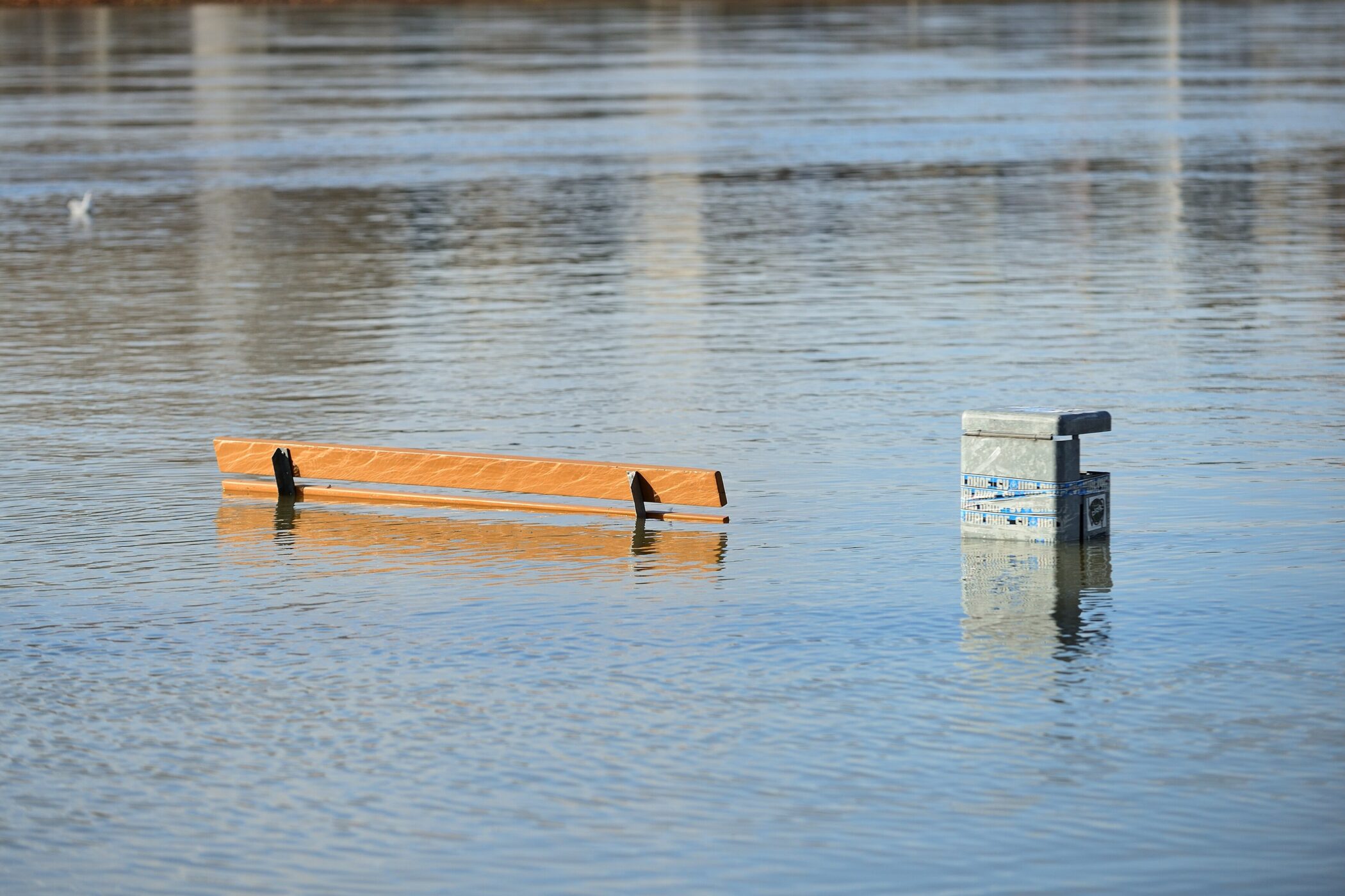 Holzbank und Metallkasten ragen aus ruhigem Wasser.