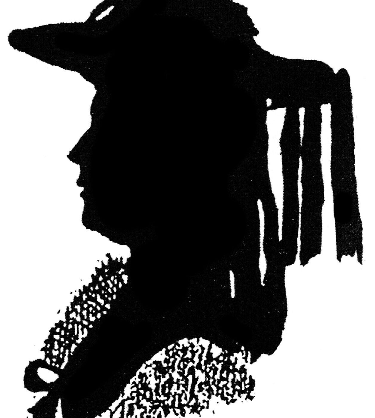 Schwarze Silhouette eines Seitengesichts mit Hut und Krawatte.