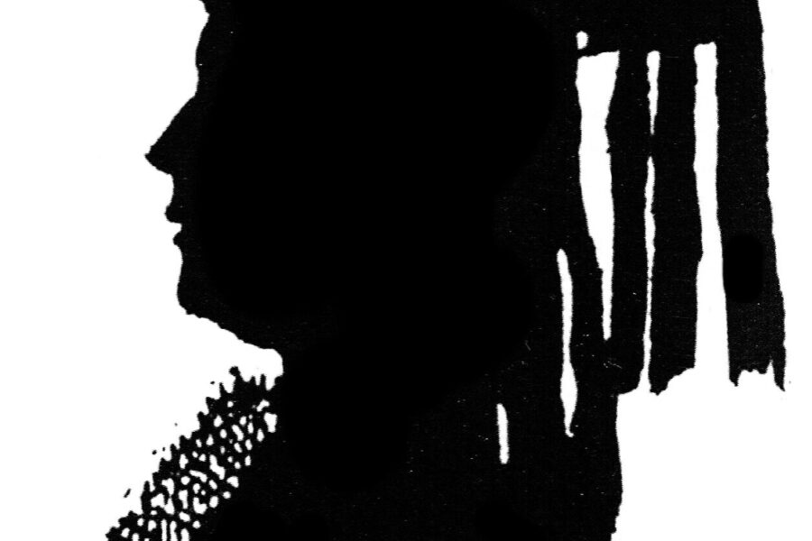 Schwarze Silhouette eines Seitengesichts mit Hut und Krawatte.