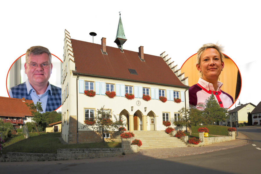 Gebäude mit Treppe, blauen Fensterläden und Blumenkästen, zwei Personenportraits eingefügt.