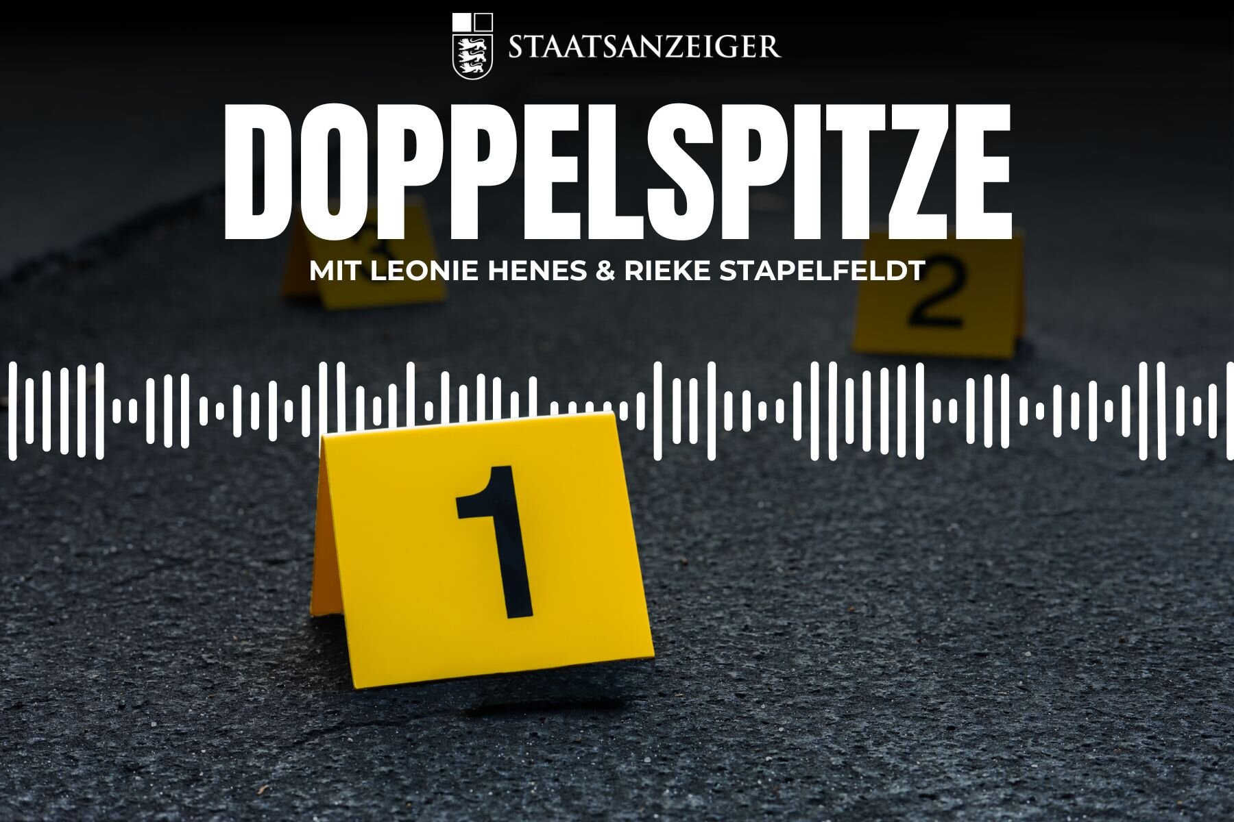 Gelbe Marker mit Zahlen 1 und 2 auf Asphalt, Text: DOPPELSPITZE.