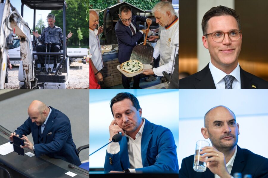 Collage aus sechs Bildern: Person in Bagger, Pizzaofen, Porträt, Handy, Mikrofon, Wasserglas.