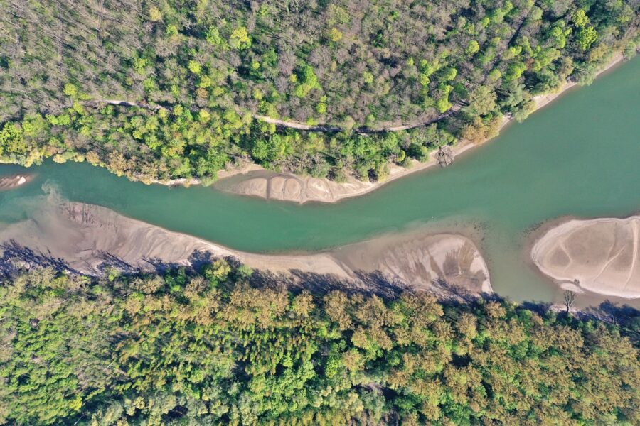 Fluss mit Sandbänken, umgeben von dichtem Wald aus der Vogelperspektive.